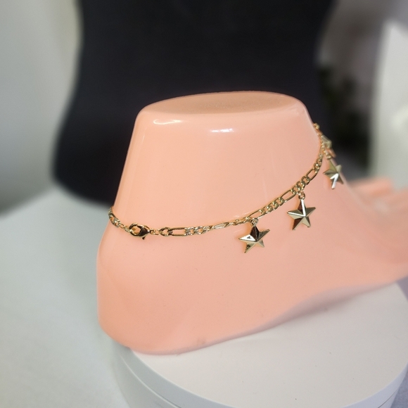 Gold Filled Anklet Figaro Chain With Star Charms Ankle Bracelet New - Picture 3 of 5